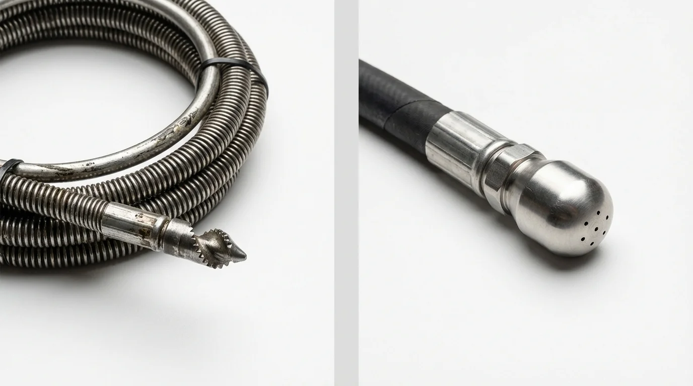 Drain snake cable and hydro jetting nozzle used for drain cleaning in Meridian, TX