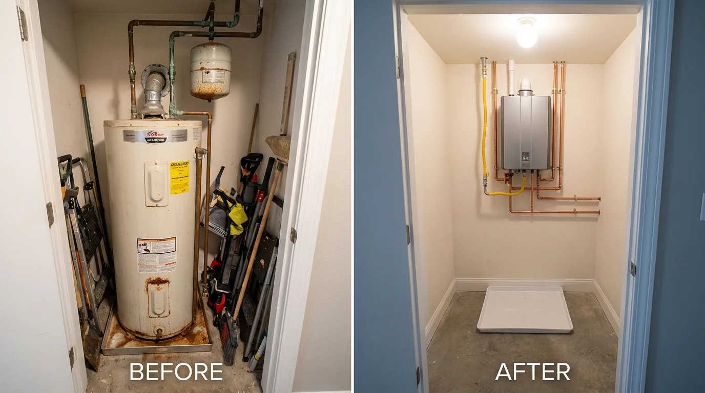 Tank water heater versus wall-mounted tankless unit comparison for Meridian, TX homeowners