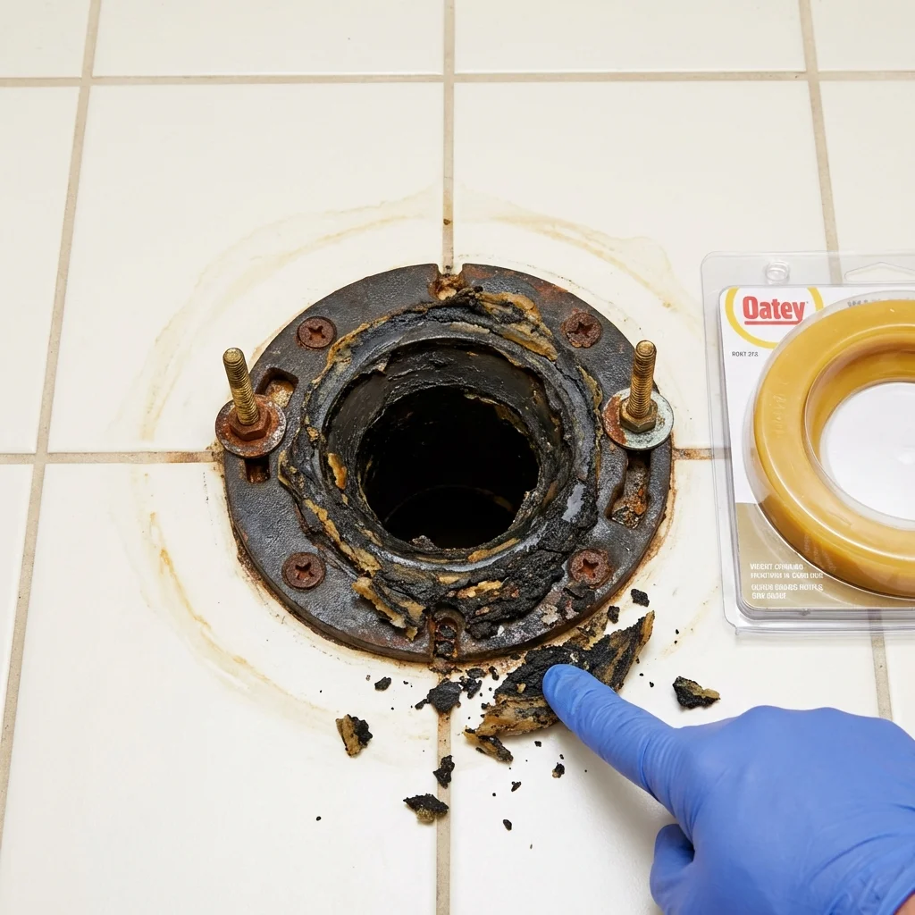 Failed wax ring showing water seepage at the base of a toilet in a Meridian, TX home