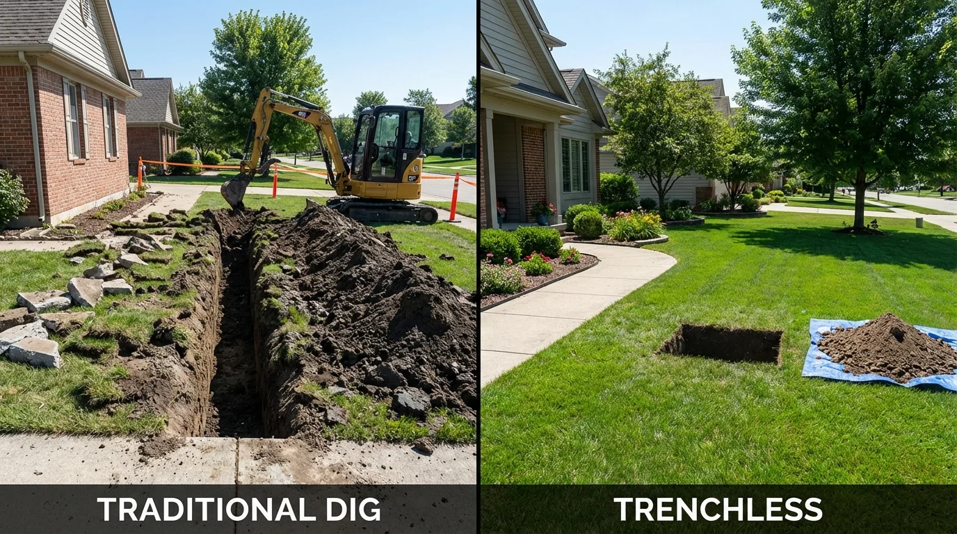 Trenchless sewer repair with minimal yard damage versus traditional excavation in Meridian, TX