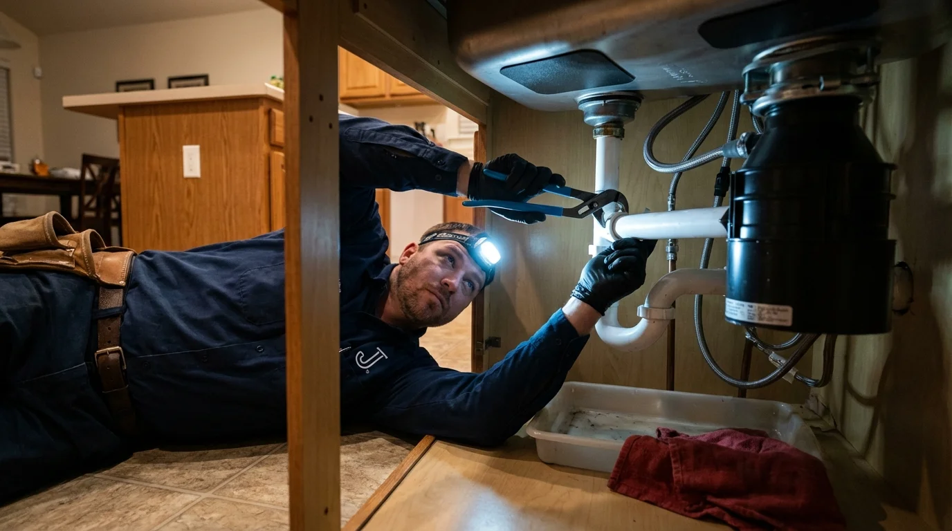 P-trap and supply line connections under a kitchen sink showing a common leak point in Meridian, TX